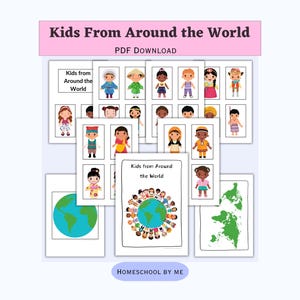 May include: A set of educational printables titled "Kids From Around the World." The images show children in traditional attire, a world map, and the text "PDF DOWNLOAD." The product is from "Homeschool By Me."