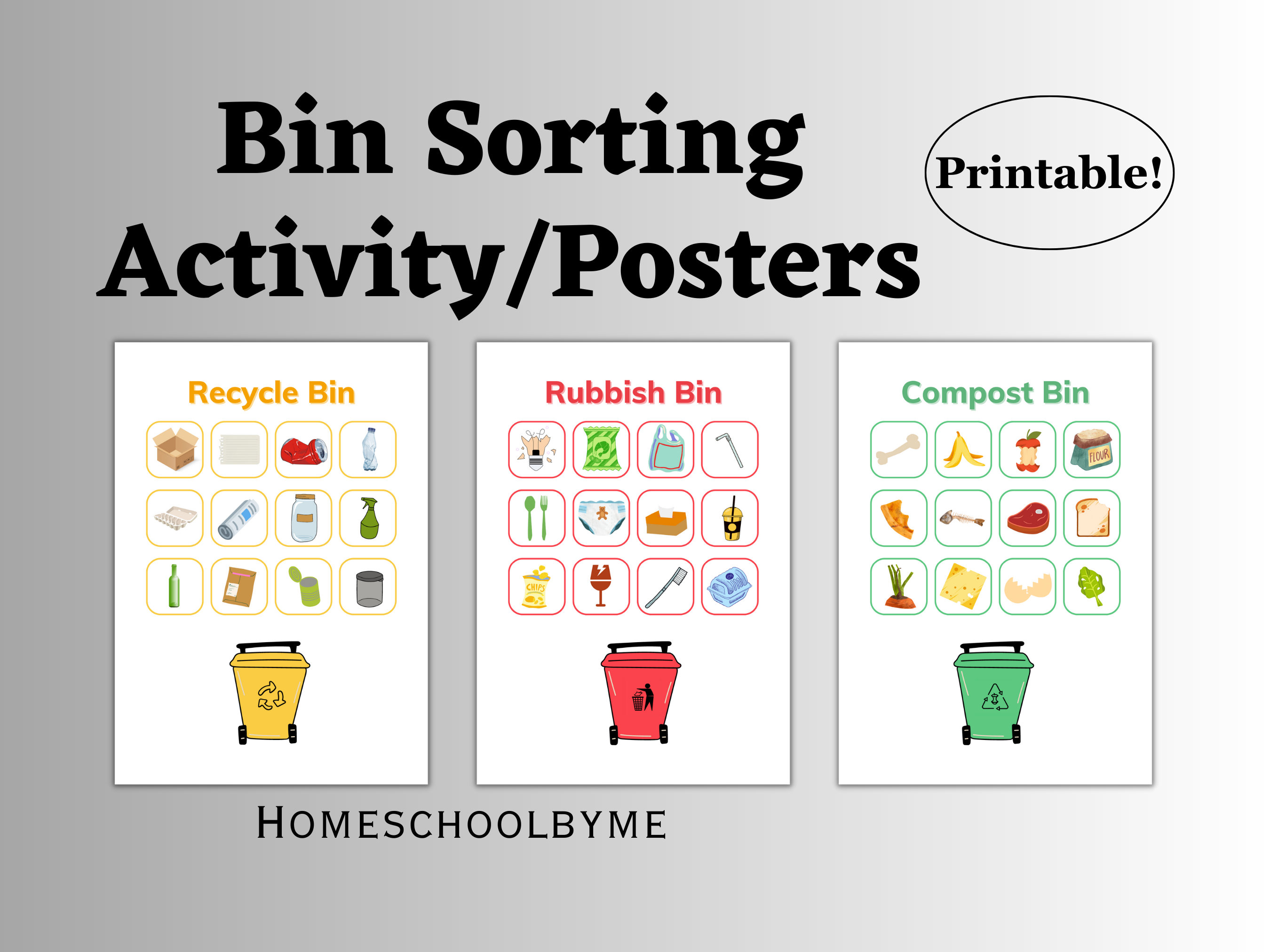 Bin Sorting Activity Printable Poster Rubbish, Recycling and Compost Bins  Colourful Educational Hands on Activity Preschool 