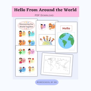 Puede incluir: Descarga de PDF educativo titulada "Hello From Around the World". La imagen presenta ilustraciones coloridas de niños con vestimenta tradicional, un mapa del mundo y un globo terráqueo. El texto incluye "Discovering Our World Together" y "Hello".
