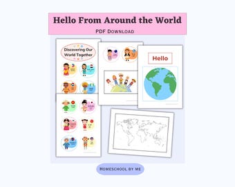 May include: Educational PDF download titled "Hello From Around the World." The image features colorful illustrations of children in traditional clothing, a world map, and a globe. The text includes "Discovering Our World Together" and "Hello."