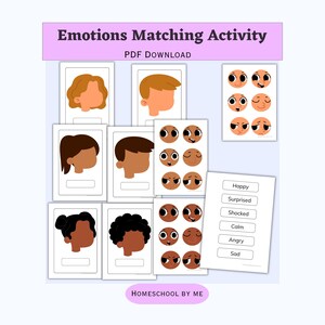 Op de afbeelding: Een PDF-download van "Emotions Matching Activity". De afbeelding toont geïllustreerde gezichten met verschillende uitdrukkingen, samen met bijpassende kaarten. De gezichten hebben verschillende huidtinten en kapsels. De activiteit bevat labels voor emoties zoals "Happy" en "Sad".