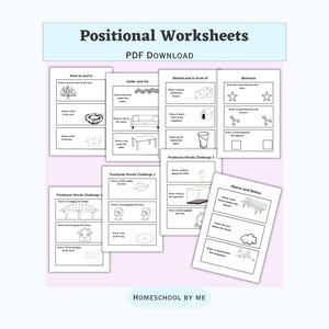 May include: A collection of printable worksheets for learning positional words. The worksheets are titled "Positional Worksheets" and include exercises like "Next to and in," "Under and On," and "Behind and in front of." The PDF download is available.