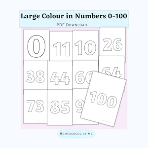 以下が含まれることがあります： 0から100までの数字が黒い線で描かれた、白地の塗り絵用フラッシュカードのセットです。「Large Colour in Numbers 0-100」と「PDF DOWNLOAD」の文字が上部にあります。教育目的や塗り絵に最適です。