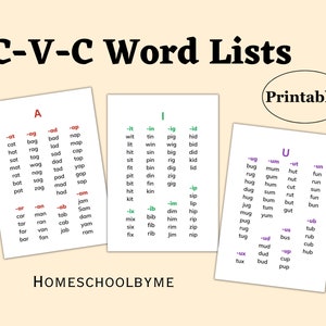 Printable C-V-C Word Lists | Vowels A, E, I, O, U | Learning to Read | Preschool | Educational | Phonic Practice | Homeschool Resource