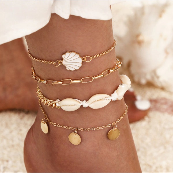 18k Gold 4pc/set Chain Anklet, Sets For Women Sequins Ankle Bracelet, On Leg Foot Bohemia Trendy Summer Beach Butterfly Jewelry Gift