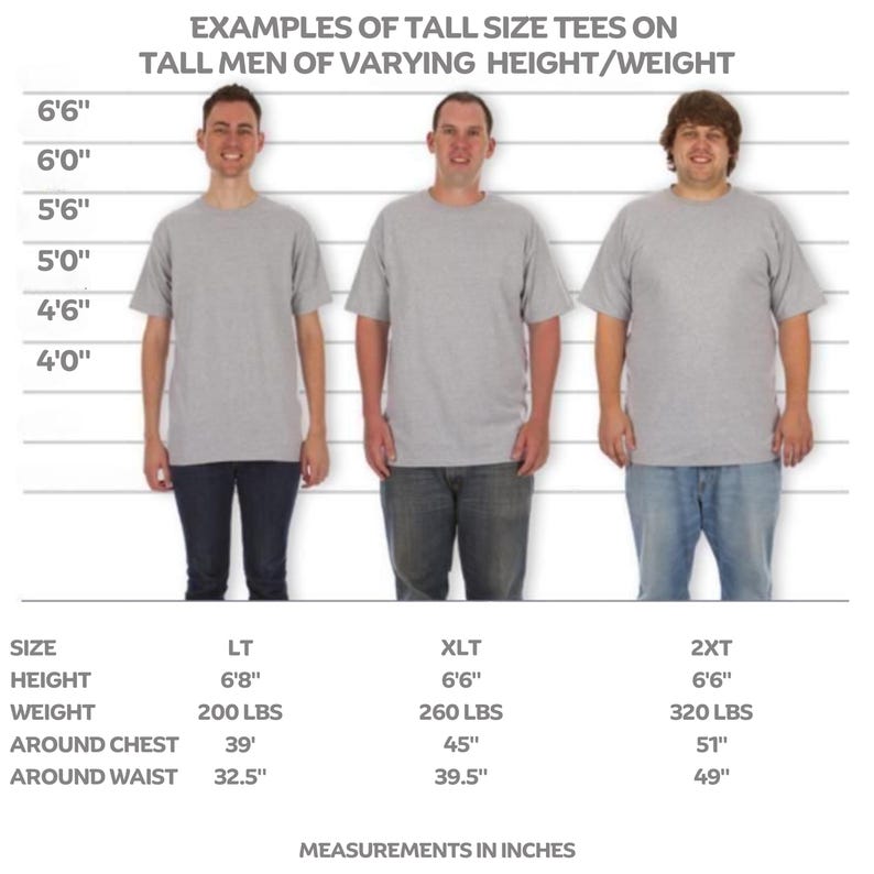 Puede incluir: Imagen que muestra ejemplos de camisetas de talla alta en hombres de diferentes alturas y pesos. La imagen incluye a tres hombres que visten camisetas grises, con detalles de tallas y medidas en pulgadas. El texto en la parte superior dice: "EJEMPLOS DE CAMISETAS DE TALLA ALTA EN HOMBRES DE ALTURAS/PESOS VARIABLES."