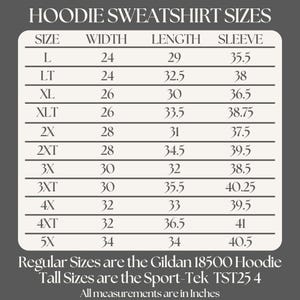 The Pullover Hoodie Sweatshirt size chart for Funny Gift for Husband - a Hoodie with text saying "It's not easy being my wife's arm candy" - image includes Big sizes 3XL, 4XL, 5XL, and 6XL and Tall sizes LT, XLT, 2XLT, 3XLT, and 4XLT