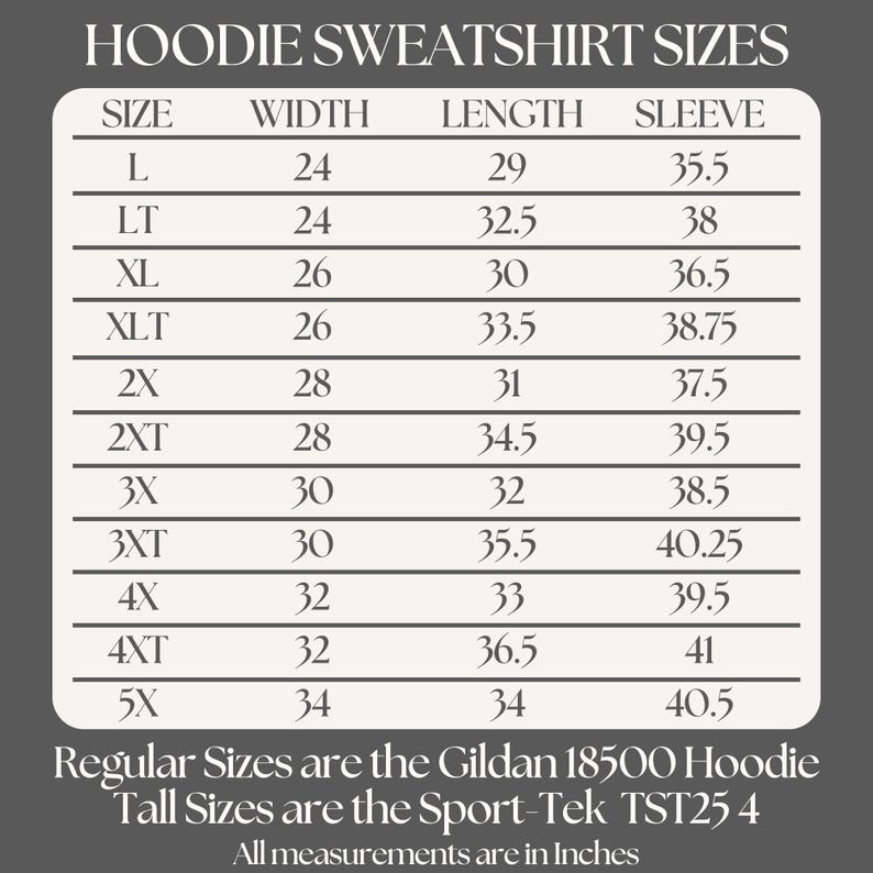 The Pullover Hoodie Sweatshirt size chart for Funny Gift for Husband - a Hoodie with text saying "It's not easy being my wife's arm candy" - image includes Big sizes 3XL, 4XL, 5XL, and 6XL and Tall sizes LT, XLT, 2XLT, 3XLT, and 4XLT