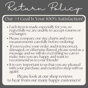 K&ouml;nnte beinhalten: Graue Grafik mit den Worten "Return Policy" in Schreibschrift. Der Text darunter gibt die Richtlinien des Shops zu R&uuml;ckgaben, Umtausch und Kundenzufriedenheit an. Der Text ermutigt Kunden auch, den Shop zu bewerten.
