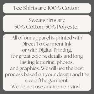 K&ouml;nnte beinhalten: Text auf grauem Hintergrund, der die Zusammensetzung von Kleidung beschreibt. T-Shirts bestehen aus 100 % Baumwolle, Sweatshirts aus 50 % Baumwolle und 50 % Polyester. Der Text beschreibt auch die verwendeten Druckverfahren.