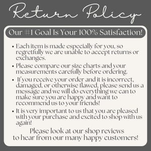 Puede incluir: Gr&aacute;fico con el texto "Return Policy" en fuente cursiva. El texto de abajo dice "Our #1 Goal Is Your 100% Satisfaction!" y vi&ntilde;etas que explican la pol&iacute;tica de devoluciones. El fondo es gris claro.