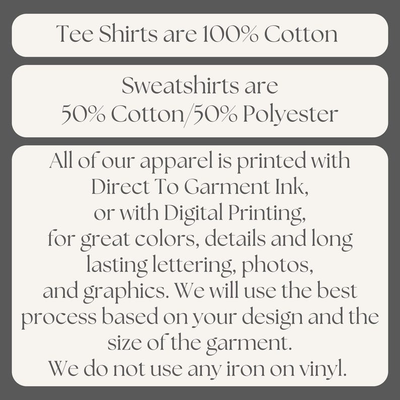 Puede incluir: Texto sobre un fondo gris que indica que las camisetas son 100% algod&oacute;n y las sudaderas 50% algod&oacute;n/50% poli&eacute;ster. La ropa se imprime con tinta Direct To Garment o impresi&oacute;n digital para obtener grandes colores y detalles. No se utiliza vinilo termoadhesivo.