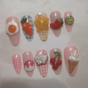 Kawaii Food Press On Nails | 3D Fruit Dessert Nail Art | Handmade Cute Almond Fake Nails | Summer Pastel Reusable Nail Set