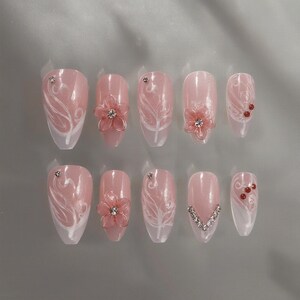 Pink & White Floral Swirl Press On Nails | Handmade Elegant Almond Fake Nails | Romantic Glitter Reusable Nail Set for Weddings  Parties