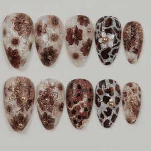 Brown Gold Glitter Press On Nails | Handmade Floral Leopard Print Nails | Elegant Almond Fake Nails | Reusable Holiday Nail Set