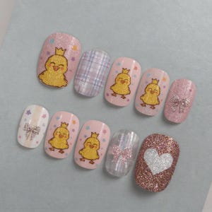 Cute Duck Nail Set, Kawaii Duckling Press On Nails, Glitter Pink Nails with Hearts & Bows, Cartoon Nails for Women  Teens