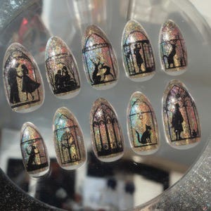 Holographic Silhouette Press On Nails | Fairy Tale Scene Fake Nails | Handmade Gothic Elegant Nail Art | Reusable Fantasy Nails Set