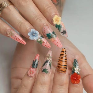 Tropical Floral Press On Nails | Handmade Long Coffin Fake Nails | Colorful Hibiscus Tiger Stripe Nail Set for Summer Parties & Vacations