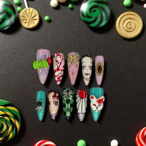 Inspired Anime Tan.jiroo and Ne.zukoo Press On Nails, Cat Mask, Bamboo Golden Bowtie Design, Handmade Anime Nail Art for Cosplay