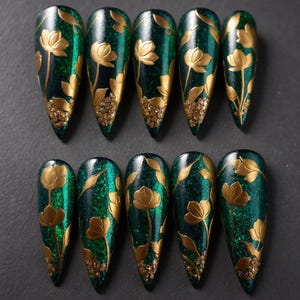 Emerald Green Floral Press On Nails | Gold & Purple 3D Nail Art | Handmade Long Almond Nails | Choose Your Style