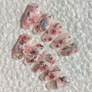 Pink Floral Press On Nails | Handmade Elegant Fake Nails | Rose & Blossom Nail Art | Reusable Manicure Set for Wedding and Everyday