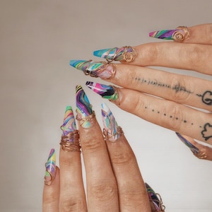 Handmade Press On Nails – Colorful Marble Swirl Coffin & Stiletto Nails with Gold Wire Wrap | Reusable Luxury Nail Art Set