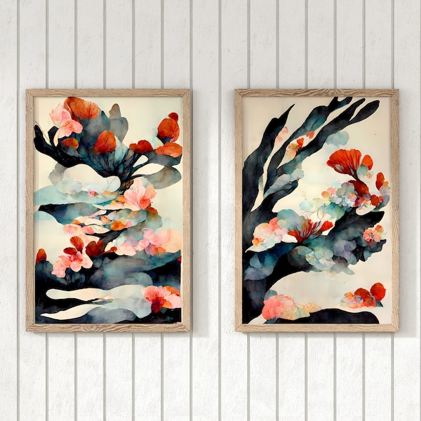 Modern Coral Abstract Watercolor Art, Set of 2 Pieces, Classic Painting Style, Wall Decor, Contemporary Artwork for Living Room or Bedroom