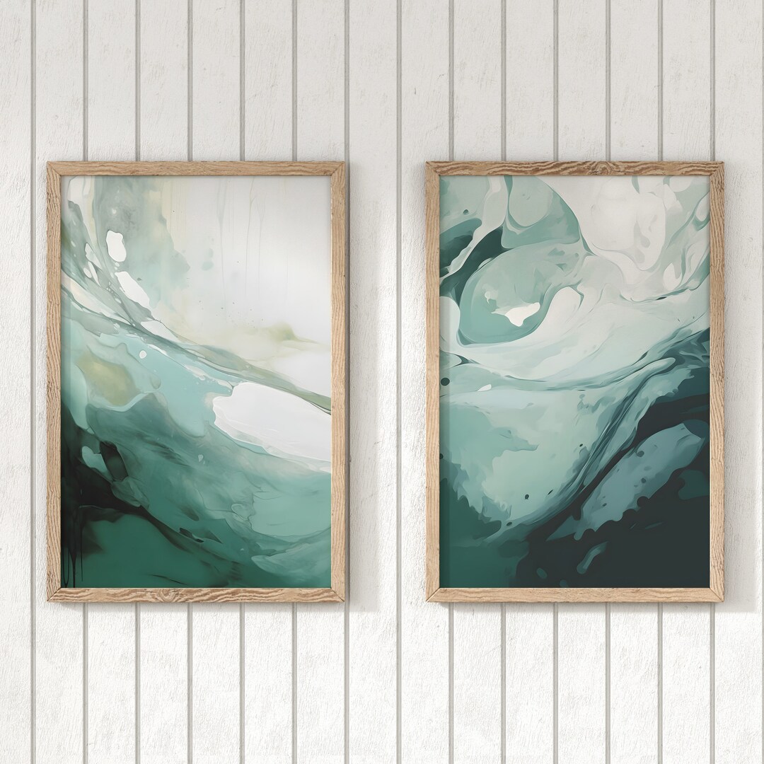Relaxing Sage Green Ice Water Wall Art Print, 2 Piece Set Minimalist ...