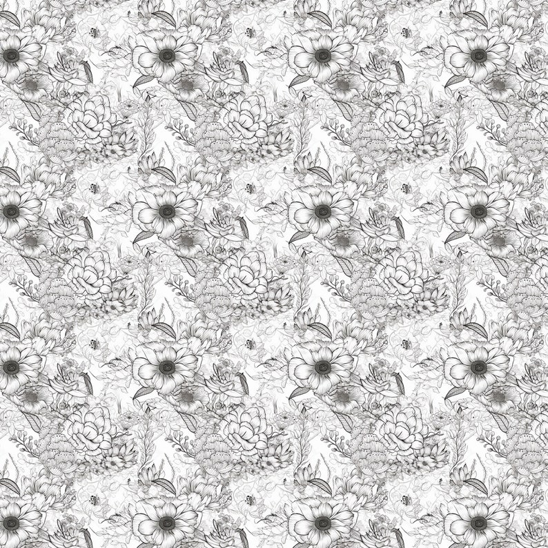 Line Art Floral Digital Paper - SEAMLESS - Black and White Line Art ...
