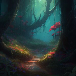 16x20 - Bosque mágico con flores Decoración de pared, Impresión de arte de pared, Descarga digital, Arte IMPRIMIBLE