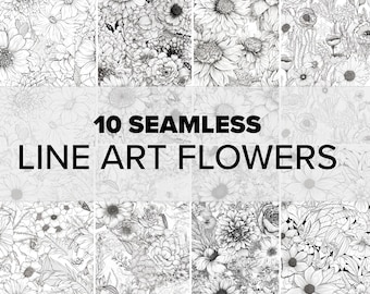 Line Art Floral Digital Paper - SEAMLESS - black and white line art flower patterns - 10 Designs - 12x12in - Commercial Use