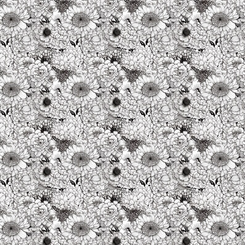 Line Art Floral Digital Paper - SEAMLESS - Black and White Line Art ...
