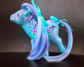 Blue iridescent Custom G1 resin My Little Pony with purple and green sculpted flowers