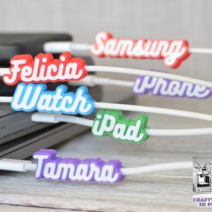 Custom 3D Printed USB Cable Tags - Add Name & Color to USB Cord - Unique Gift - Life Hack - Color Base White Text Script