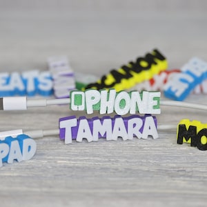 Personalized 3D Printed USB Cable Tags - Custom Name & Color - Unique Gift - Life Hack - Color Base White Text