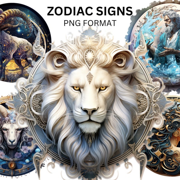 Zodiac Signs Clipart Horoscope PNG Clip Art Bundle Astrological Elements PNG for Magic & Astrology