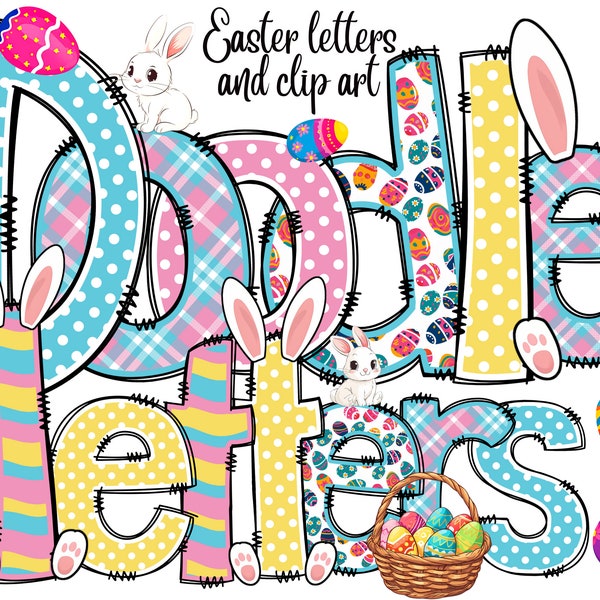 Easter Letters Alphabet Doodle Letters Easter PNG Bundle Bunny Easter Eggs Alpha Bundle & Accessories Sublimation Alpha Set PNG