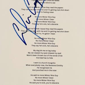 Testo autentico della canzone di Alice Cooper con autografo e certificato