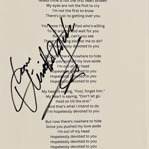 Olivia Newton-John Authentic Signed Music Lyric With Certificate