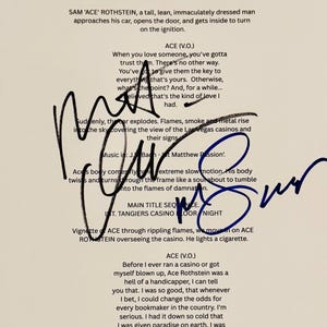 May include: A film script page from 1983, featuring handwritten signatures. The text describes a scene with 'Ace' Rothstein in Las Vegas. The script details a car explosion and casino scenes.