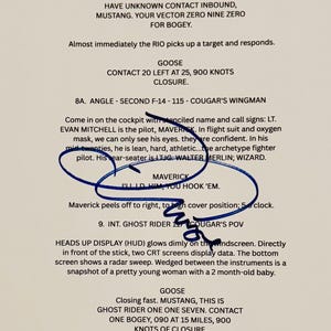 May include: A script page with handwritten notes and circled text. The text includes dialogue and stage directions, with character names like "MAVERICK" and "GOOSE." The scene appears to be from a film, with technical jargon.
