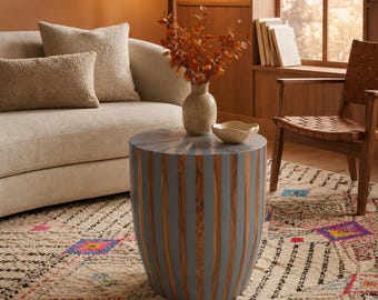Moroccan Barrel Side Table – Walnut Resin, Handmade Boho Accent Furniture