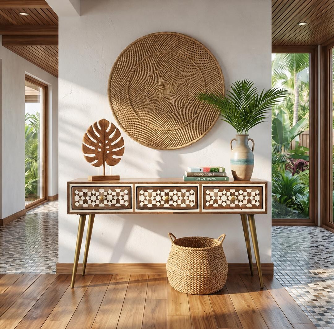 Handmade Moroccan Bone Inlay Console Table, Geometric Entryway ...