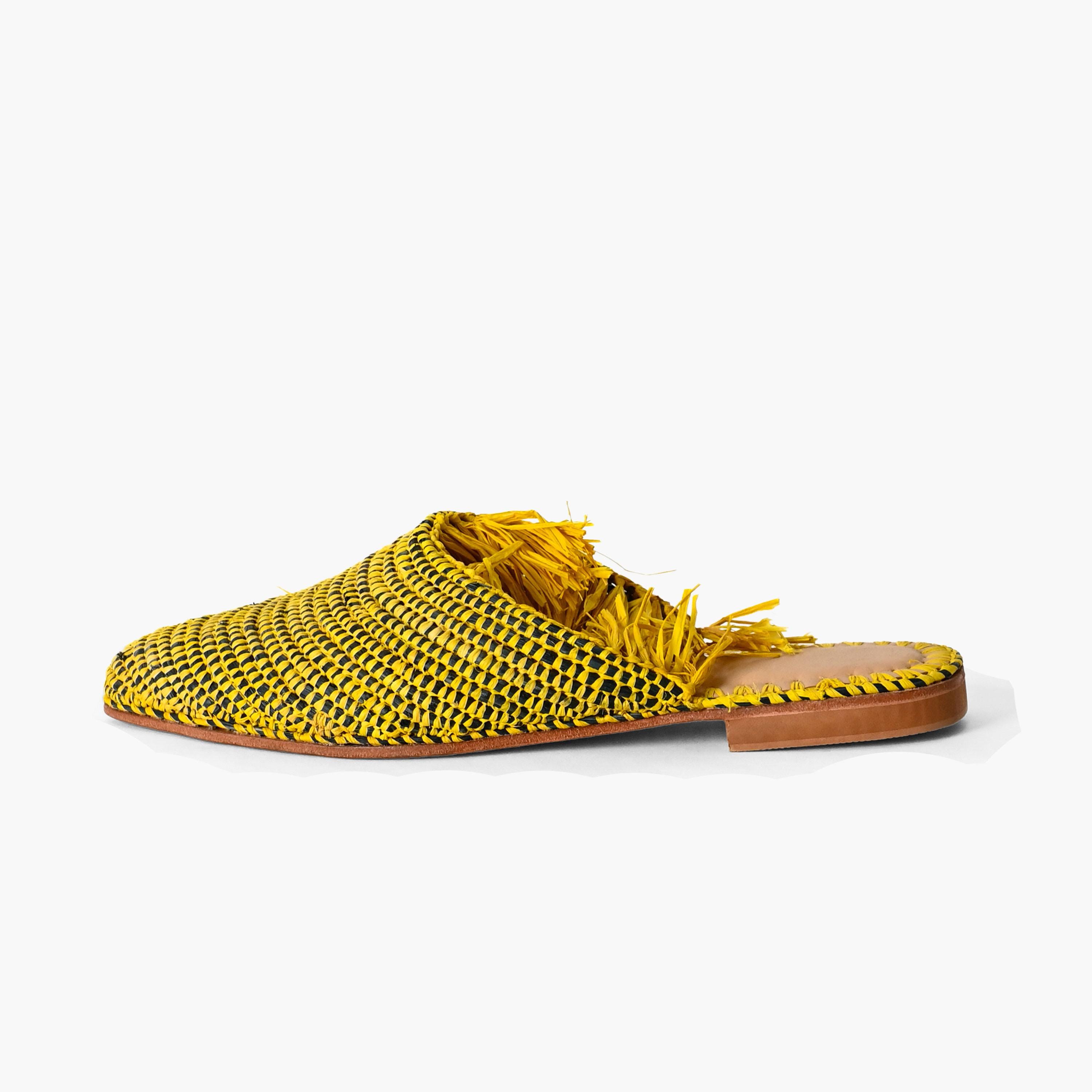 Handcrafted Yellow & Black Raffia Mule Slippers | Stylish Comfortable ...