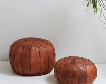 Handmade Moroccan Leather Pouf Ottoman, Genuine Boho Footstool, Unstuffed Floor Cushion