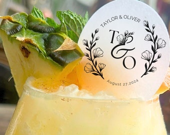 50 Personalized Edible Wafer Paper Drink Toppers: Wedding Cocktail Garnish