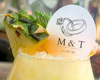 50 Personalized Edible Cupcake Topper and Cocktail Drink Garnish Discs | Wedding Ring Art | Bridal Shower and Party Reception Decoration