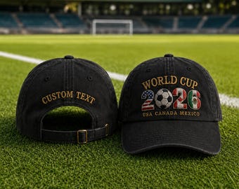 Custom 2026 World Cup Hat Personalized Text, Vintage Soccer Fan Cap, USA Canada Mexico Adjustable Dad Hat Gift, Embroidered Baseball Hat