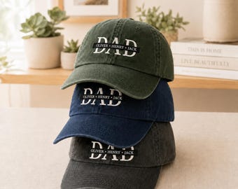 Custom Embroidered Dad Hat with Kids Names, Personalized Name Cap for Dad, Custom Father’s Day Gift Hat from Kids