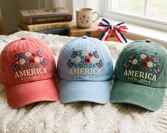 Custom USA 250th Anniversary Embroidered Floral Hat, 1776-2026 America Patriotic Cap, 4th of July Gift, Independence Day Cap